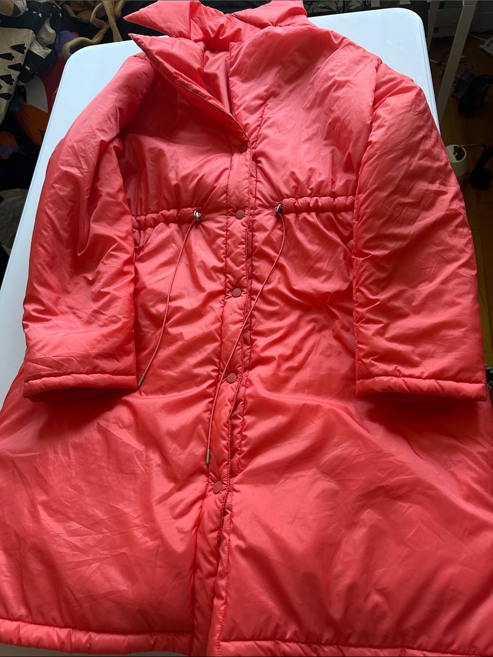 WโAnthropologie Coral-Red Long Puffer Coat with Drawstring Waist